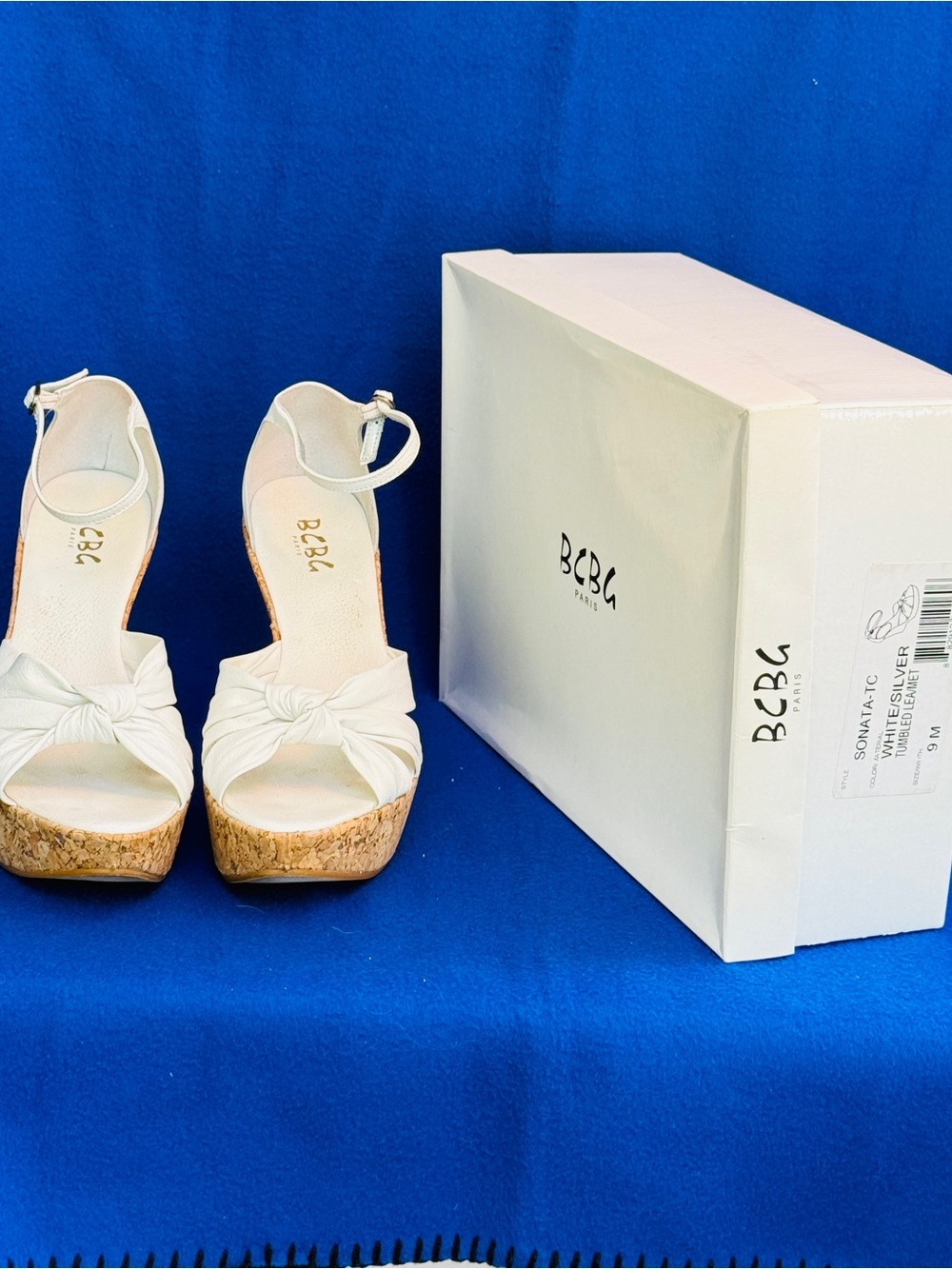 BCBG White Knot Front Cork Wedge Sandals